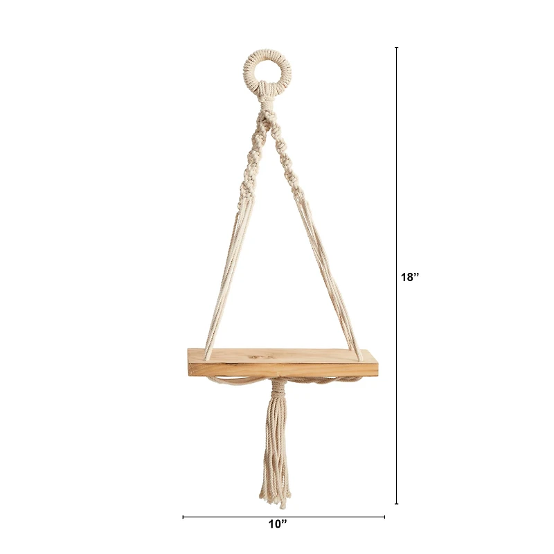 18" Boho Chic Wood Macrame Single Shelf Wall Art Decor