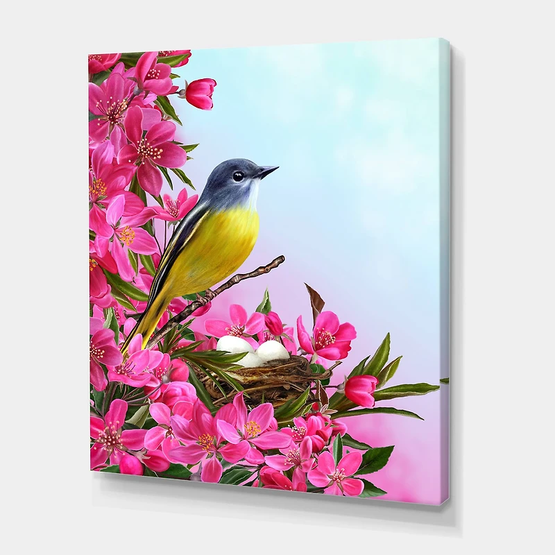 Designart - Little Yellow Bird Near The Nest with Flowers