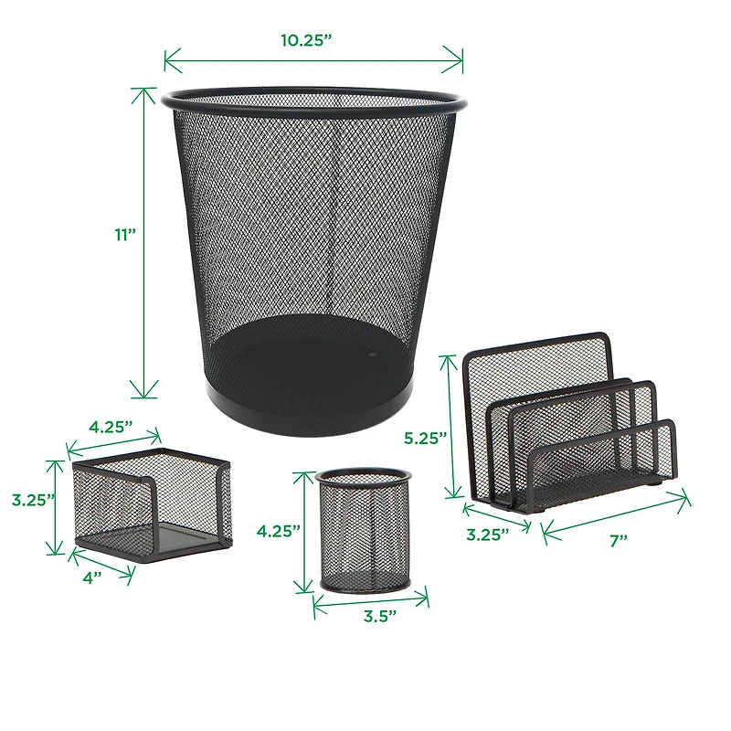 Mind Reader 4 Piece Black Desk Organizer Set with Metal Mesh Trash Can