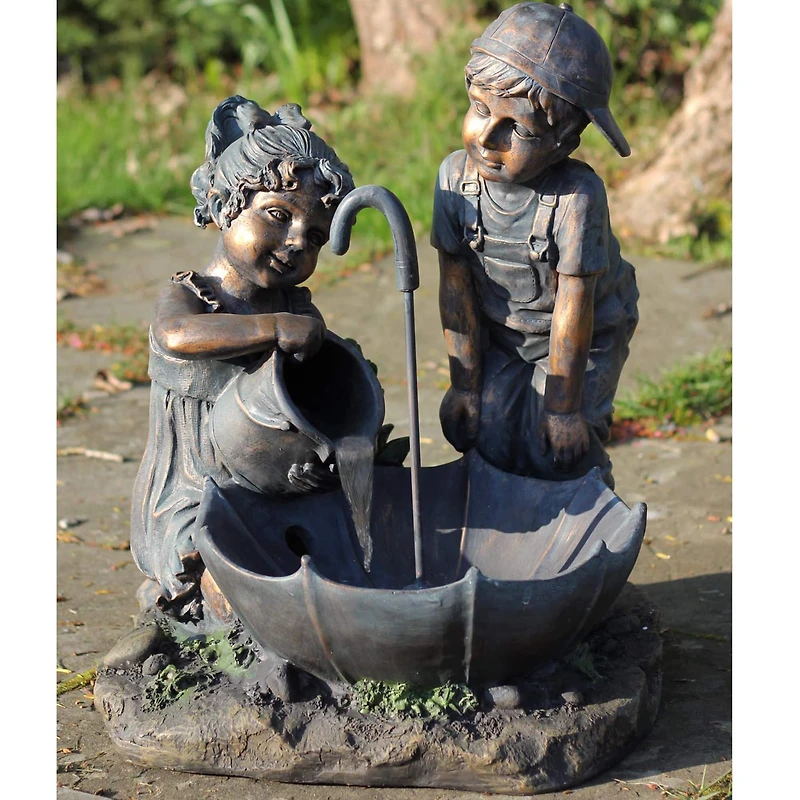 23.5" Bronze Children with Umbrella Outdoor Garden Water Fountain