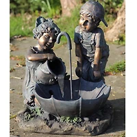 23.5" Bronze Children with Umbrella Outdoor Garden Water Fountain