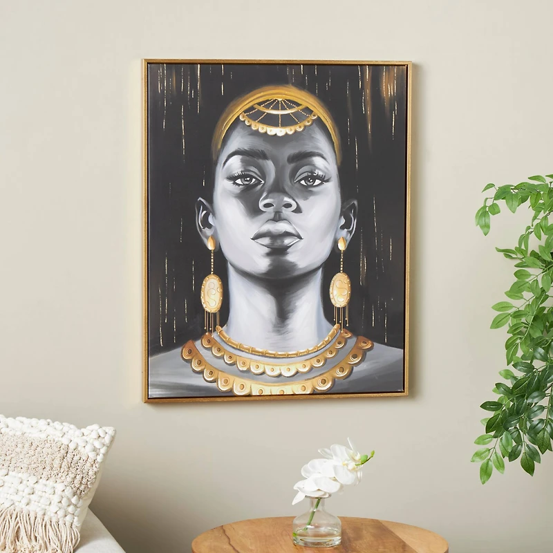 Black Canvas Woman Framed Wall Art with Gold Foil and Jewelry Accents