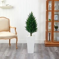 4ft. UV Resistant Cypress Tower Tree in Tall White Planter