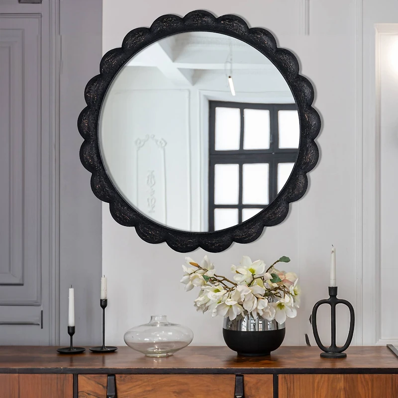 Hello Honey® 27" Black Round Scalloped Wood Wall Mirror