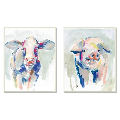 Stupell Industries Colorful Cow And Pig Farm Animal Paintings,10" x 15"