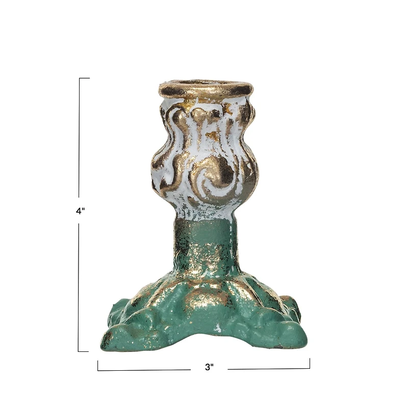 Hello Honey® 4" Green, Gold & Cream Distressed Cast Metal Taper Candleholder