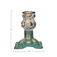 Hello Honey® 4" Green, Gold & Cream Distressed Cast Metal Taper Candleholder
