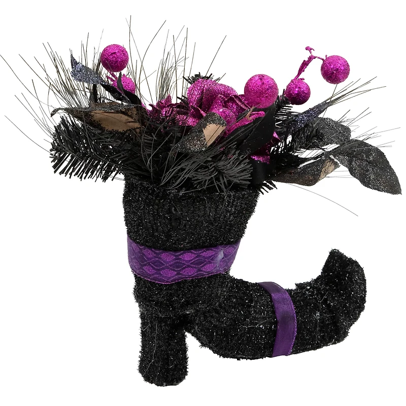 12" Black Witch's Boot with Purple Glittered Roses Halloween Decoration