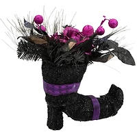 12" Black Witch's Boot with Purple Glittered Roses Halloween Decoration