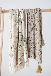 Hello Honey® Woven Recycled Cotton Blend Throw Blanket with Floral Pattern and Tassels