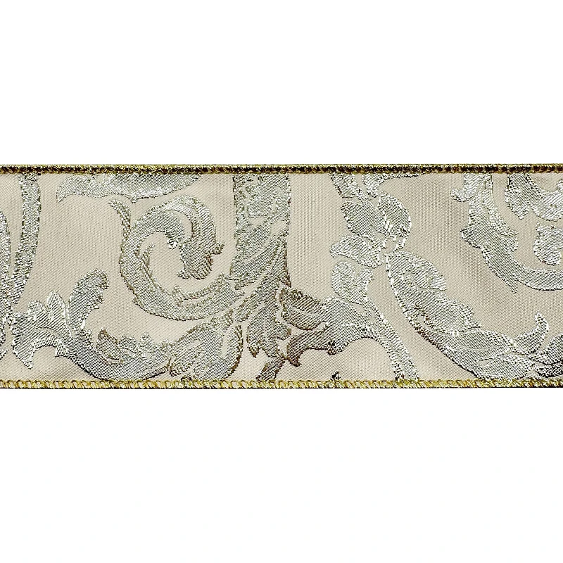 2.5" x 20ft. Cream & Silver Jacquard Scroll Wired Ribbon by Celebrate It®