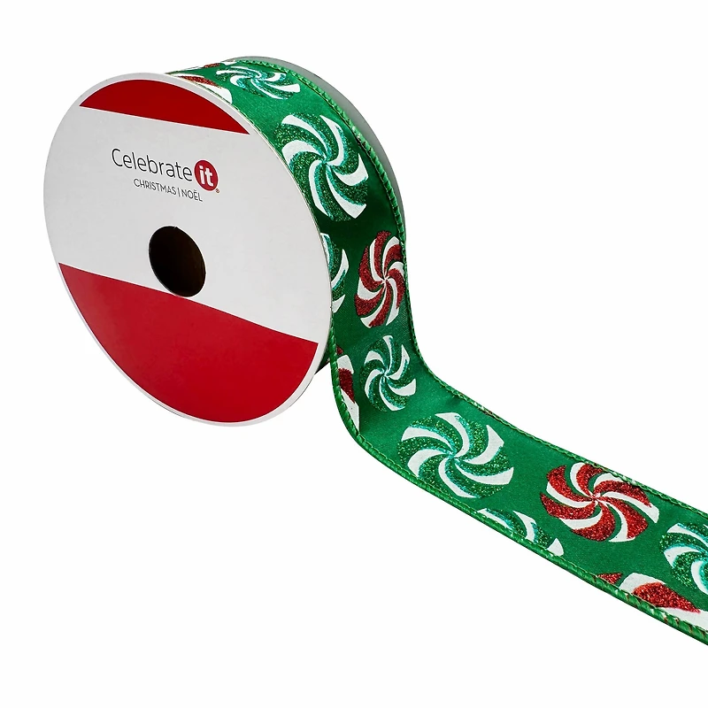 1.5" x 30ft. Green Glitter Peppermints Wired Ribbon by Celebrate It®