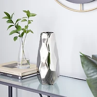 Contemporary Geometric-Style Metallic Silver Aluminum Vase, 12" x 5.7" x 5.4"