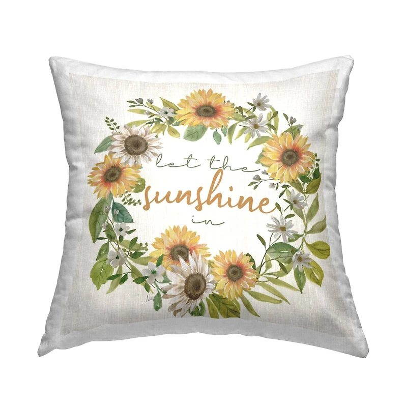 Stupell Industries Warm Sunshine Phrase Sunflower Botanical Wreath Throw Pillow, 18" x 18"