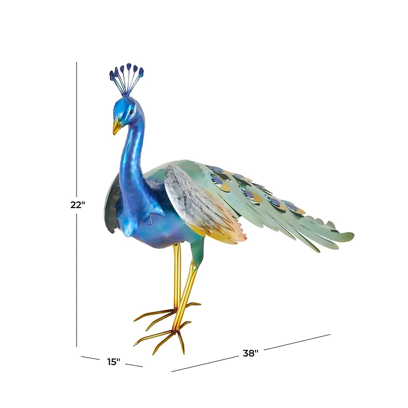 Blue Metal Peacock Decorative Garden Sculpture with Gold Legs and Teal Wings