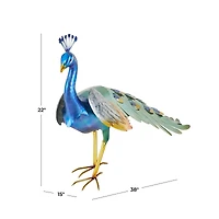 Blue Metal Peacock Decorative Garden Sculpture with Gold Legs and Teal Wings