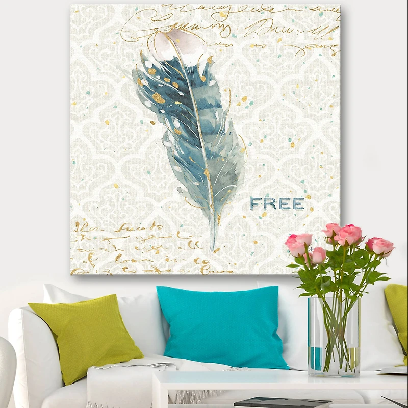 Designart - Damask Painted Gilded Feather on Blue