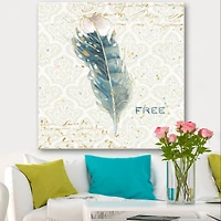 Designart - Damask Painted Gilded Feather on Blue