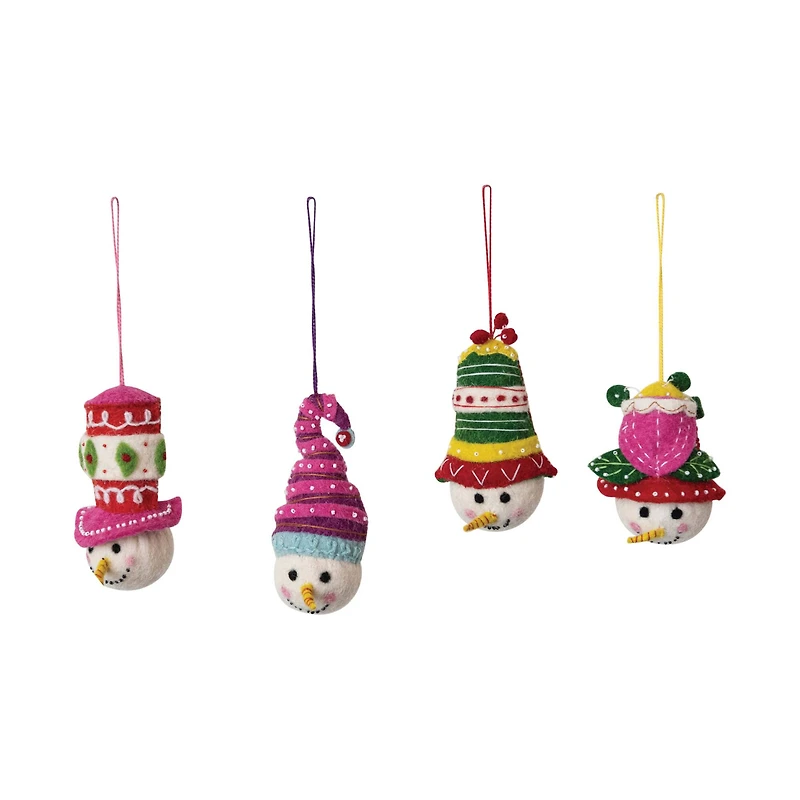 Hello Honey® 4 Pack Adorable Snowman Head Wool Felt Ornaments