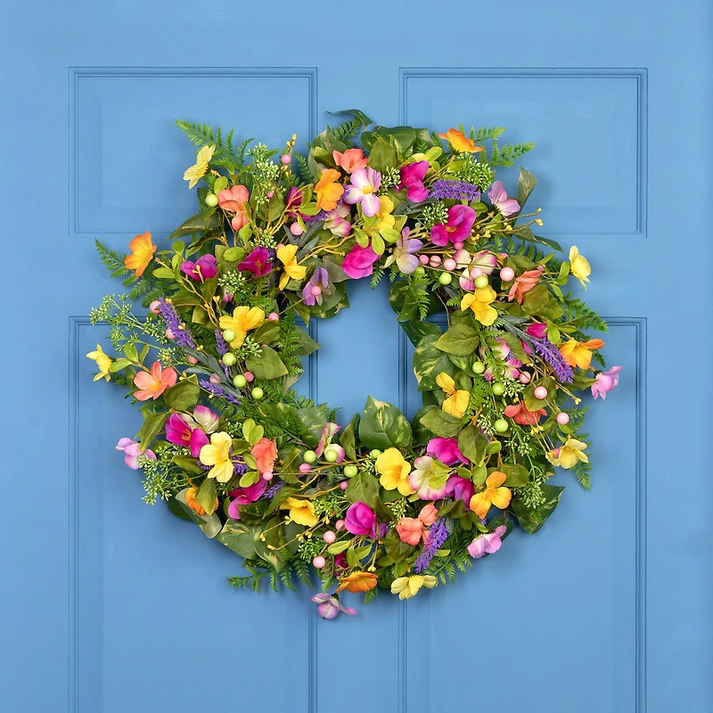 22" Yellow & Pink Mixed Floral Artificial Spring Wreath