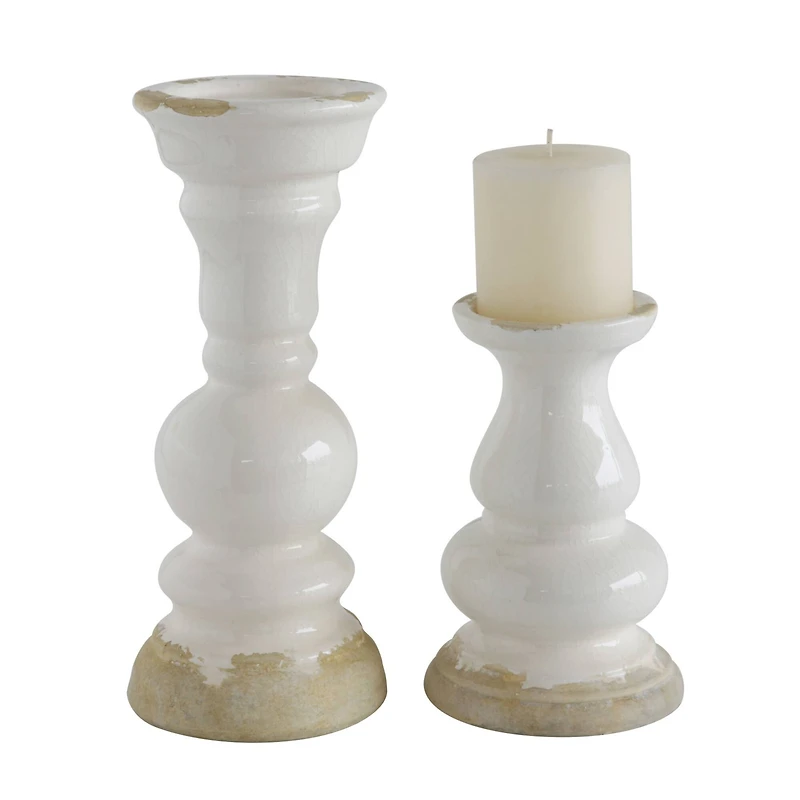 Hello Honey® 12'' Distressed White Stoneware Pillar Candle Holder