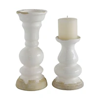 Hello Honey® 12'' Distressed White Stoneware Pillar Candle Holder