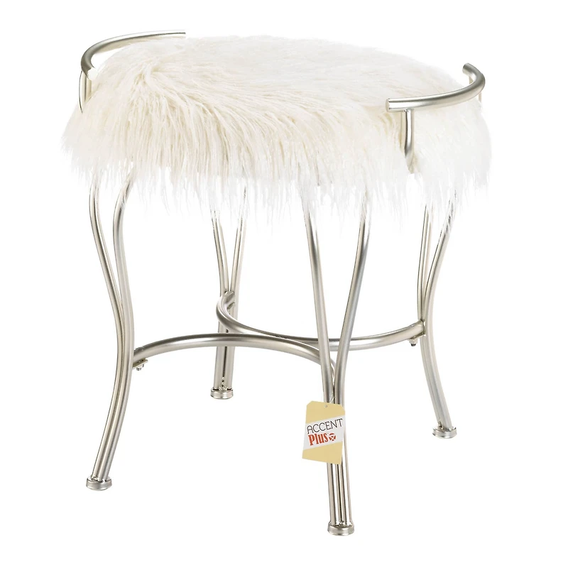 21.25" White Faux Fur Vanity Stool