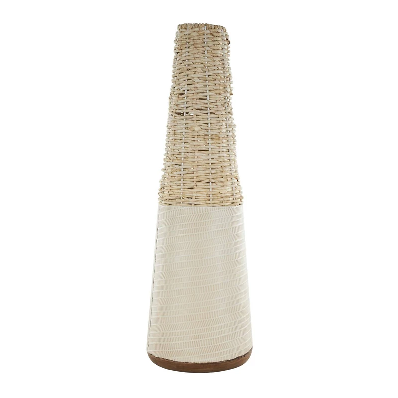 Light Brown Rattan Handmade Woven Vase with Beige Metal Base