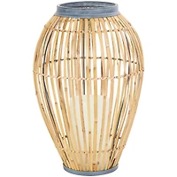 16" Brown Bamboo Handmade Open Frame Vase with Blue Metal Accents