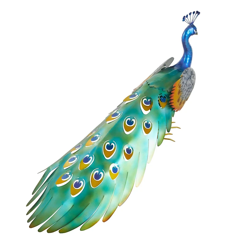 Blue Metal Peacock Decorative Garden Sculpture with Gold Legs and Teal Wings