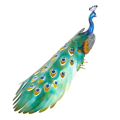 Blue Metal Peacock Decorative Garden Sculpture with Gold Legs and Teal Wings