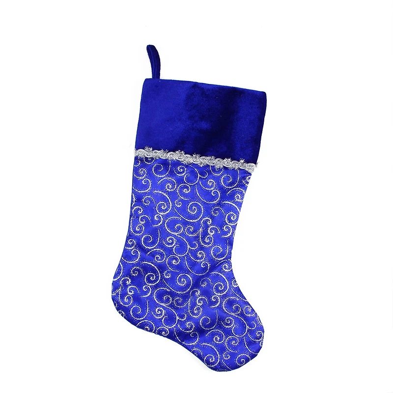 20.5" Blue & Silver Glitter Filigree Swirls Stocking