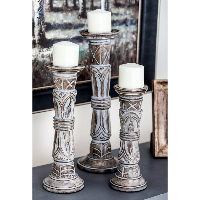 Light Brown Mango Wood Traditional Candle Holder Set