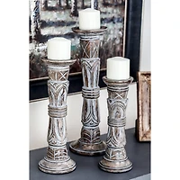 Light Brown Mango Wood Traditional Candle Holder Set