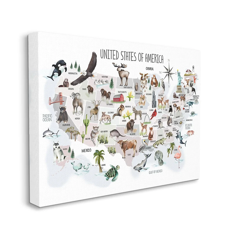 Stupell Industries United States of America Map of Animals Kid's Illustration Canvas Wall Art