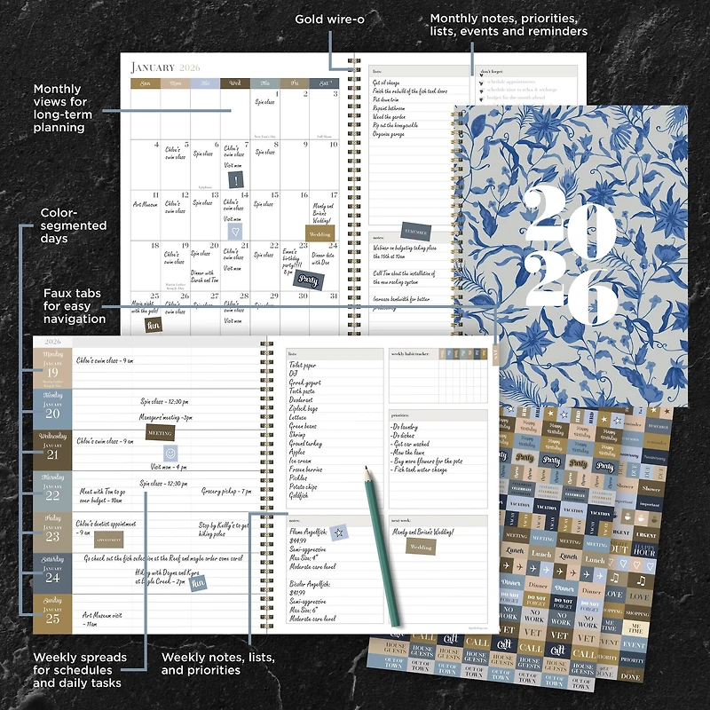 2026 Tres Belle Blue Large Weekly Monthly Planner