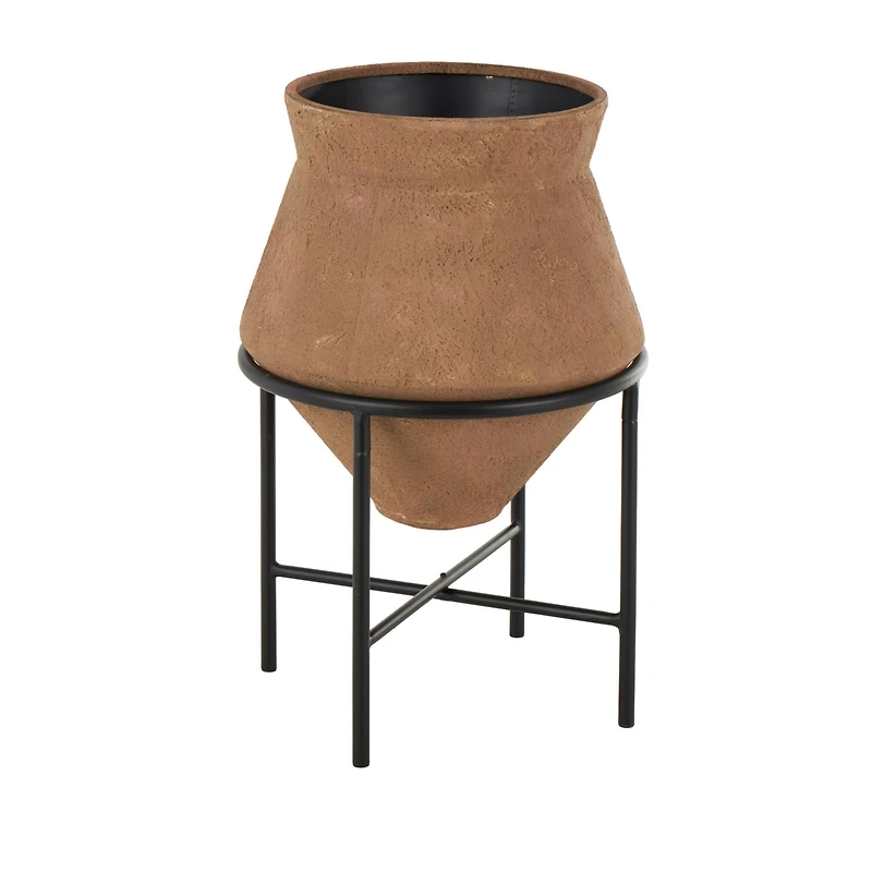 24.5" Brown Metal Wide Decorative Vase with Black Stand