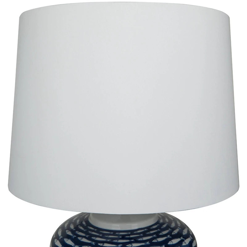 Dark Blue Ceramic Gourd Style Base Fish Table Lamp with Drum Shade 15" x 15" x 29"