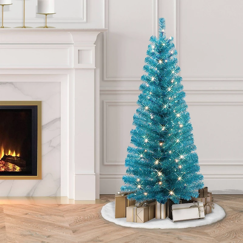 4.5ft. Pre-Lit Teal Tinsel Artificial Tree, Clear Lights