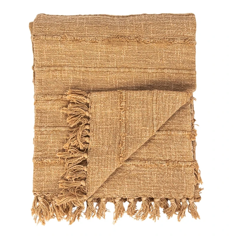 Hello Honey® Beige Stonewashed Woven Cotton Slub Throw with Pom Pom Trim & Fringe