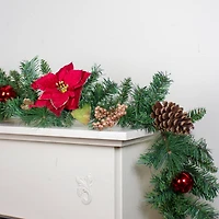 Red Balls & Poinsettias Gold Pine Cones with Berries Pine Garland, Unlit