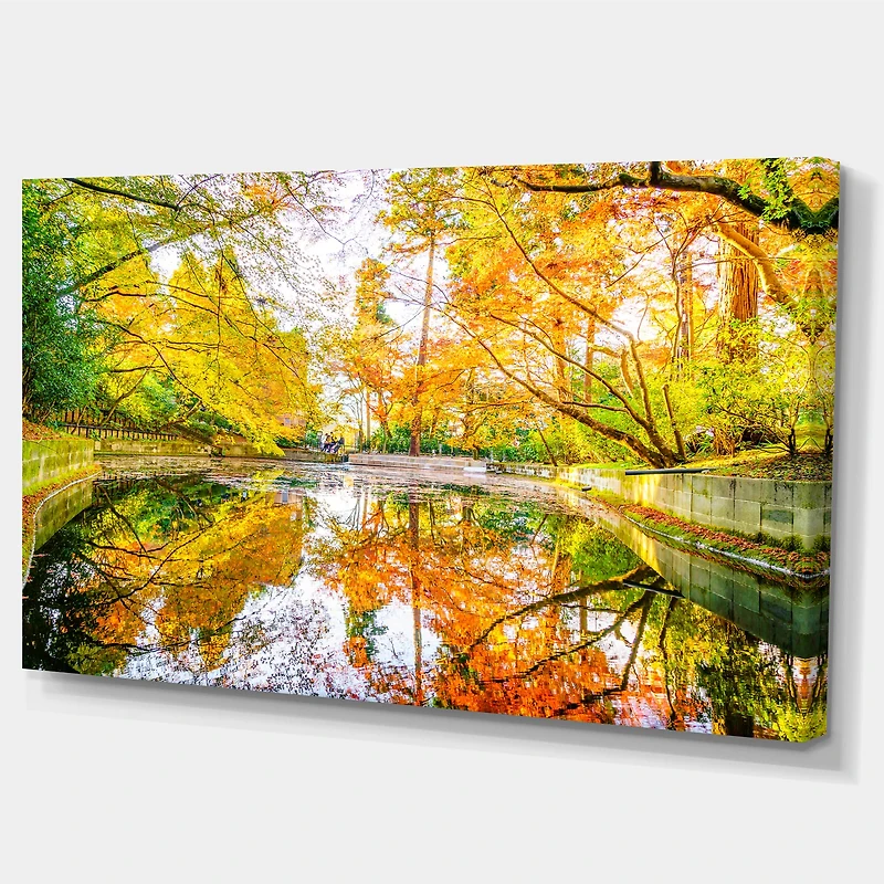 Designart - Bright Fall Forest with River - Large landscape Canvas Art Print