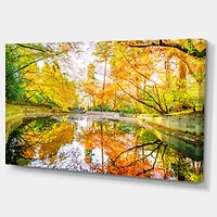 Designart - Bright Fall Forest with River - Large landscape Canvas Art Print