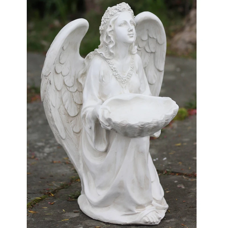 19.75" White Kneeling Angel Holding Shell Outdoor Garden Statue Bird Feeder