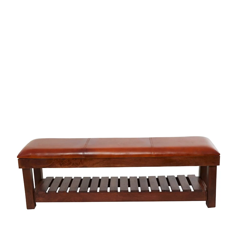 61" Brown Leather Bench with Slatted Lower Shelf