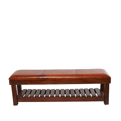 61" Brown Leather Bench with Slatted Lower Shelf