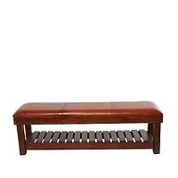 61" Brown Leather Bench with Slatted Lower Shelf