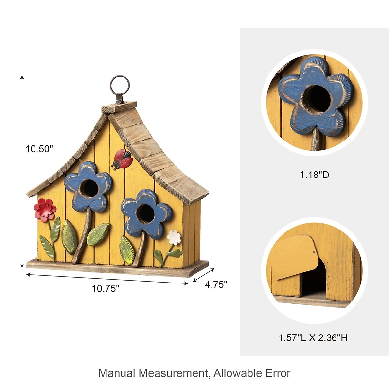 Glitzhome® 10.5" Yellow Distressed Wood Birdhouse with Flowers