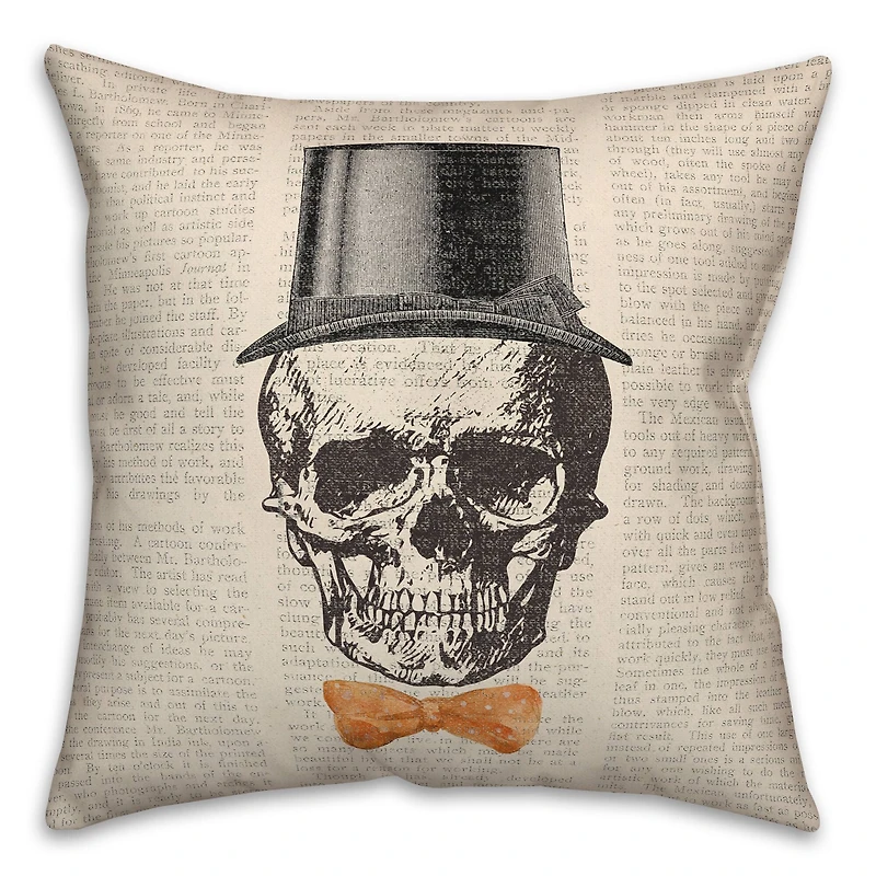 Skull Tophat Newspaper Bowtie Spun Poly Throw Pillow
