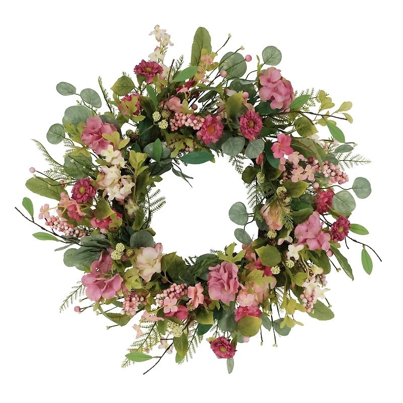 24" Pink Mum & Hydrangea Floral Spring Wreath